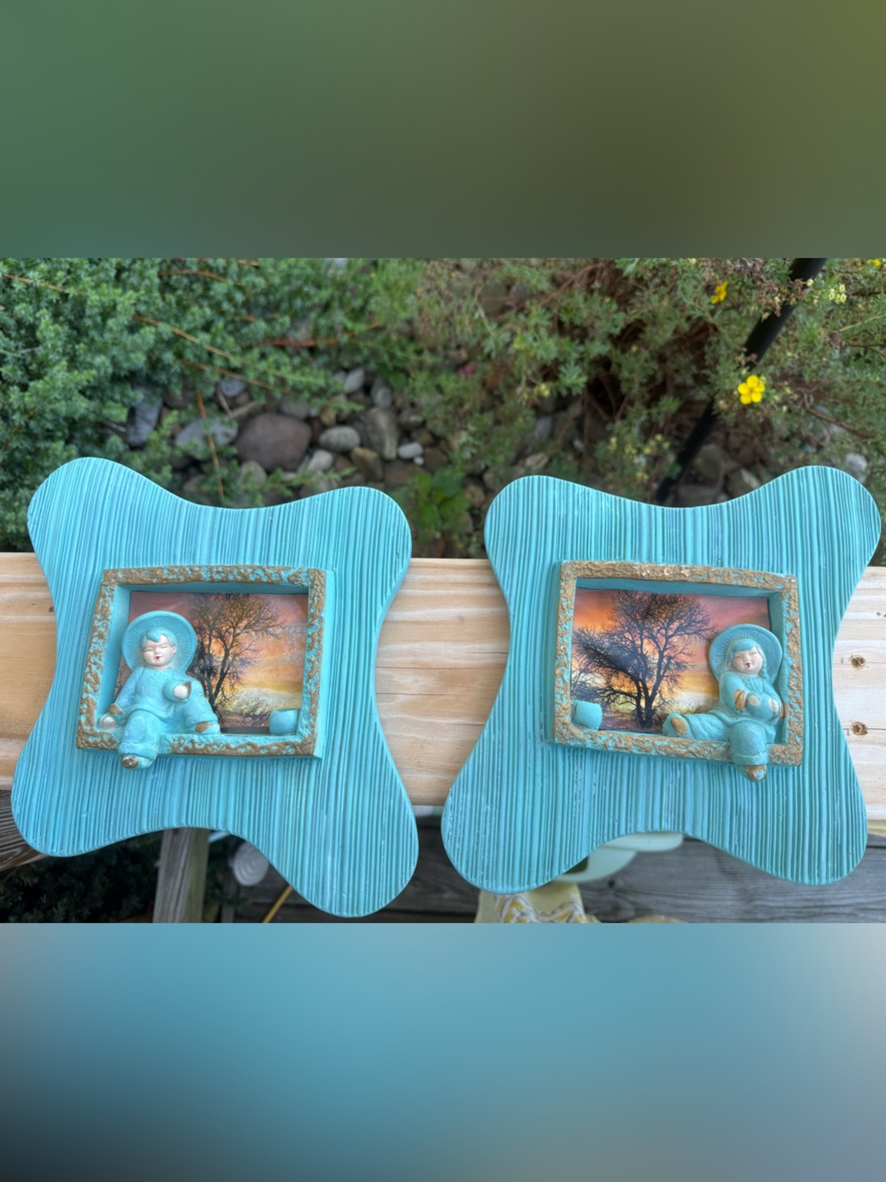 1950s Vintage “Asian Beauty” Chalkware Wall Art Plaques Mid Century blue set